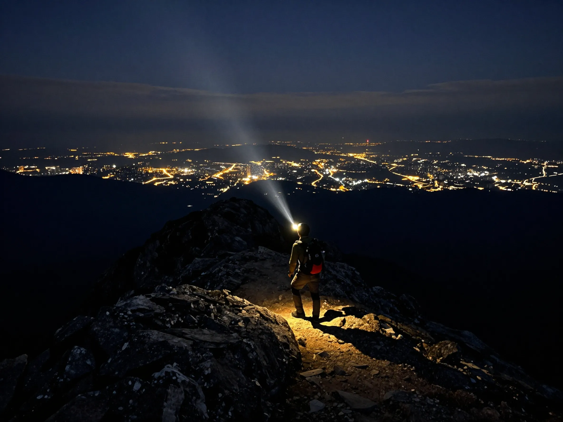 Mountain climber overlooking city lights